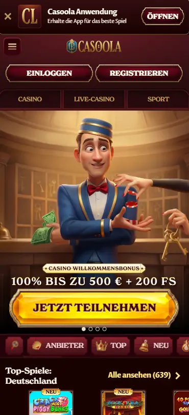 Casoola Casino Mobile-Ansicht — Willkommenspaket und Slots