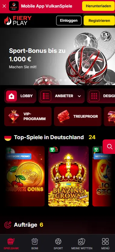 FieryPlay Casino Mobile-Ansicht — schnellste Auszahlung im Test