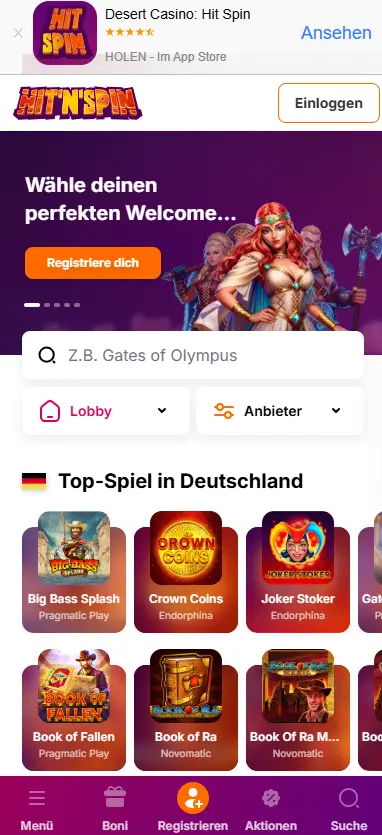 HitNSpin Casino Mobile-Ansicht — Turniere und Cashback