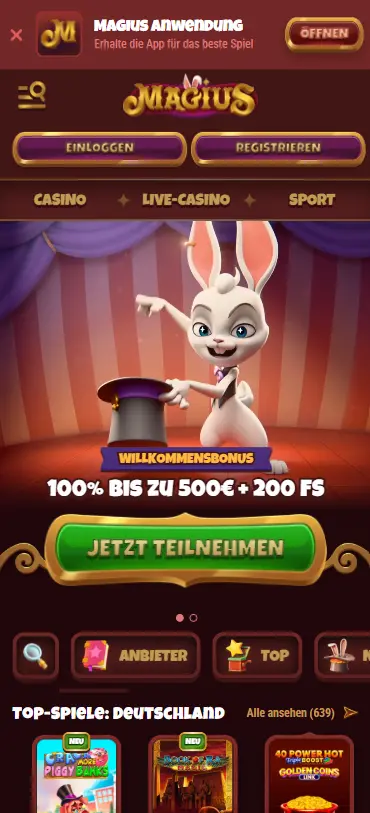 Magius Casino Mobile-Ansicht — Mystik-Thema und Live Casino