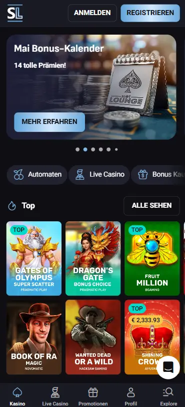 Slotlounge Casino Mobile-Ansicht — VIP-Programm