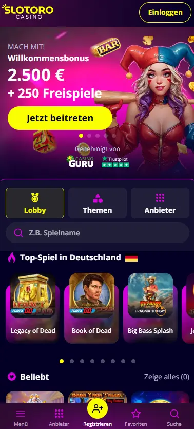 Slotoro Casino Mobile-Ansicht — größter Spielkatalog