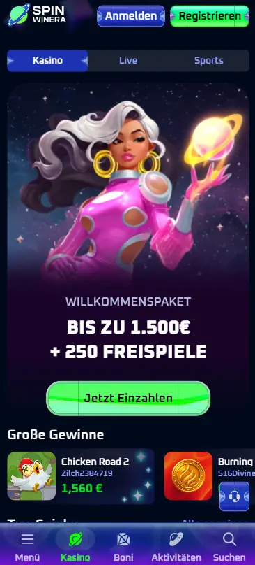 SpinWinera Casino Mobile-Ansicht — Krypto-Zahlungen und Slots
