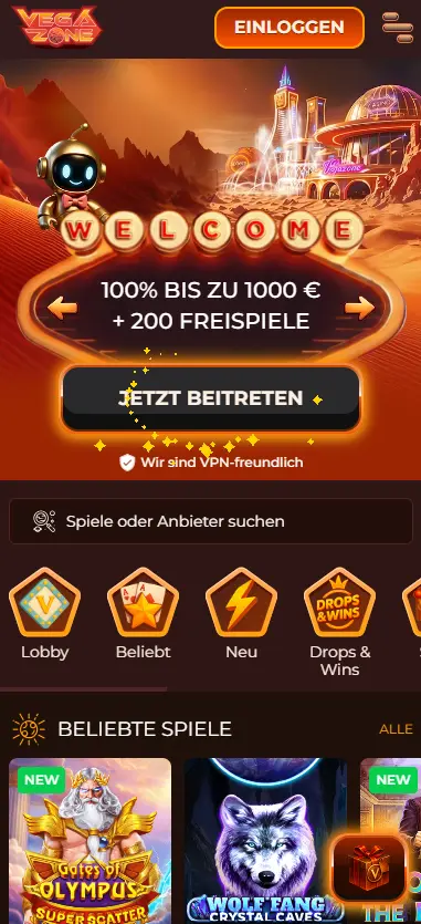 Vegazone Online Casino Mobile-Ansicht — Willkommensbonus und Spielelobby